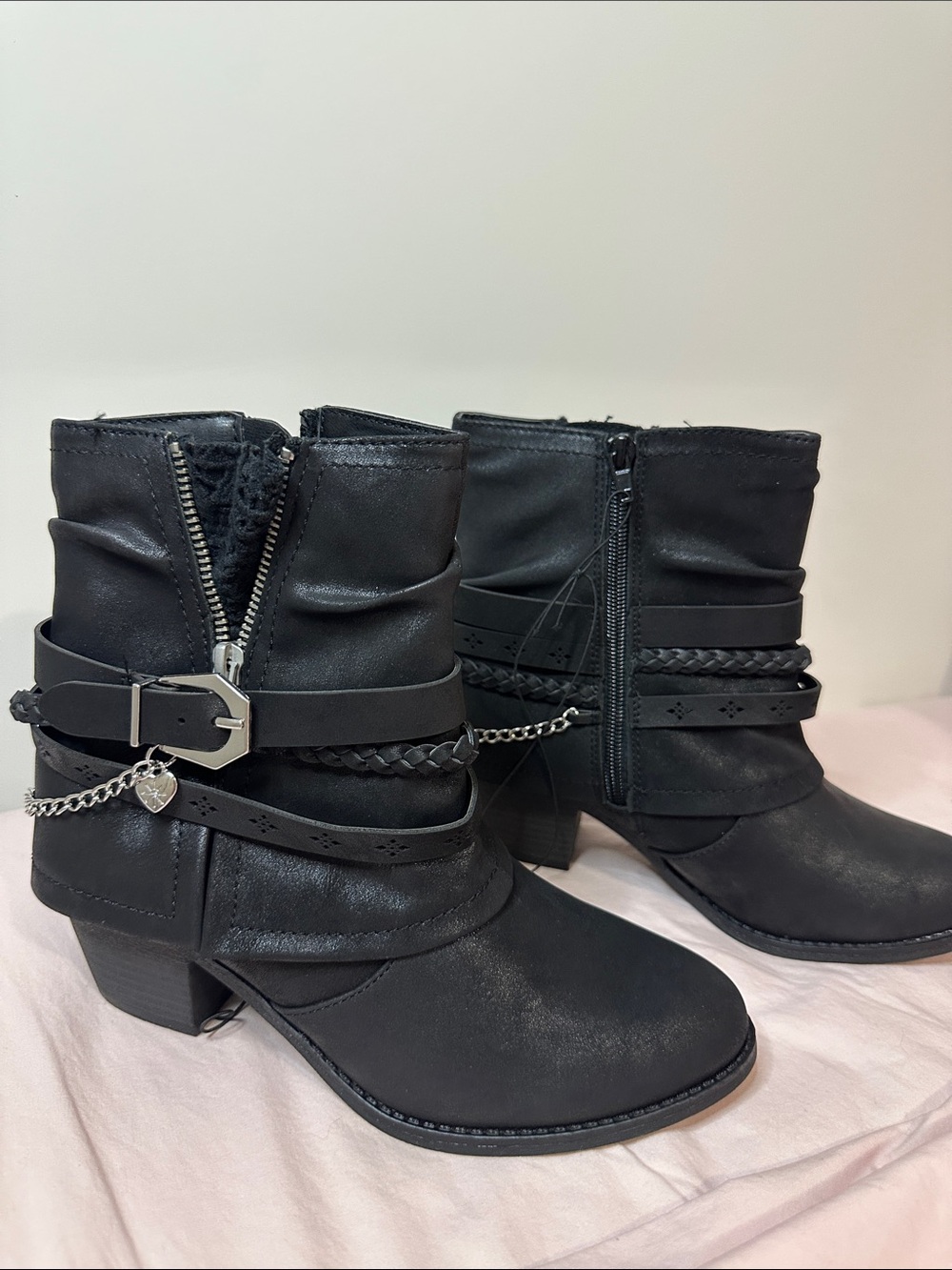 Black Buckle & Chain Ankle Booties with Low Block Heel